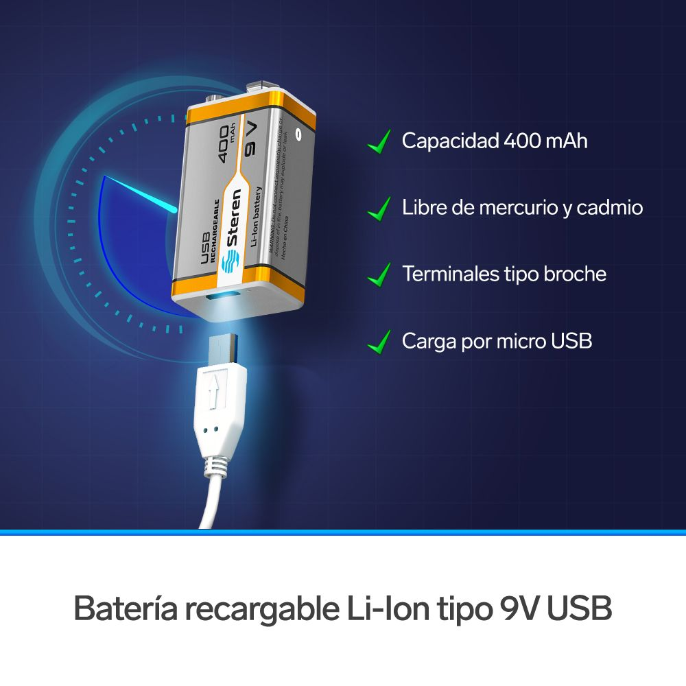 Batería Recargable USB Li-Ion 9V 400mAh - Imagen 3